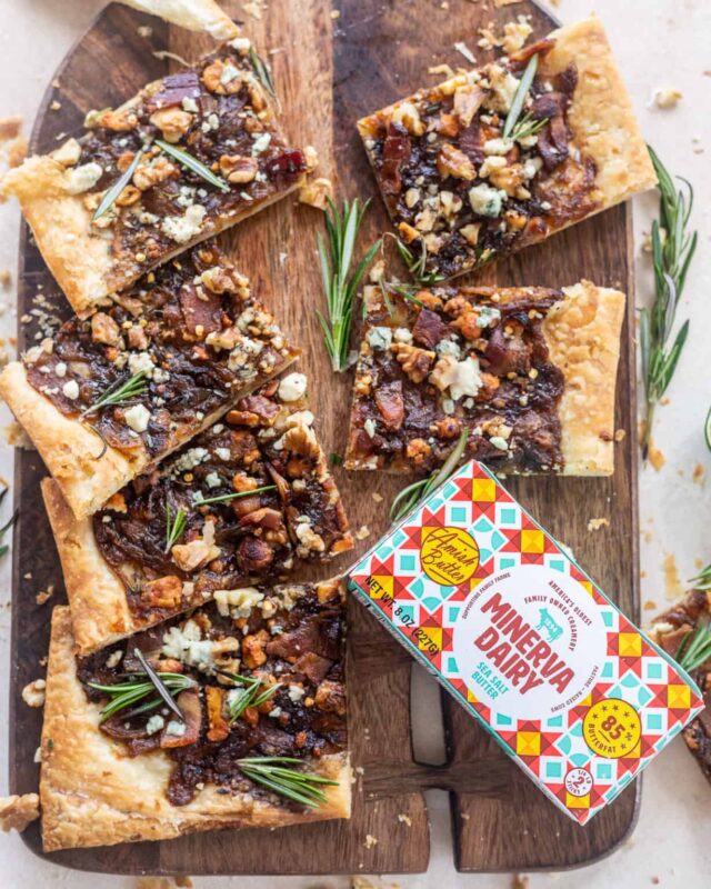 Caramelized Onion Puff Pastry with Bacon and Gorgonzola on Butcher Block
