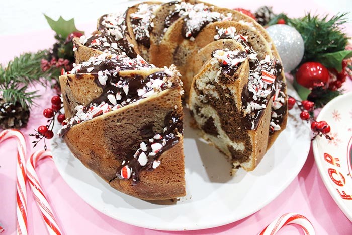 Chocolate Peppermint Marble Cake with Chocolate Ganache