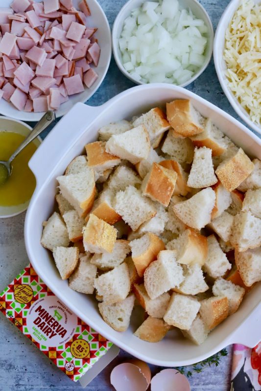 Ham and White Cheddar Savory Bread Pudding