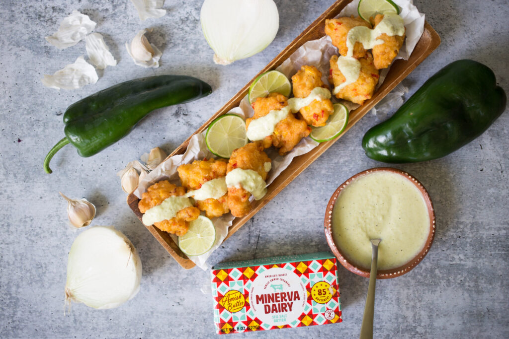 Shrimp Fritters with Poblano Cream Sauce