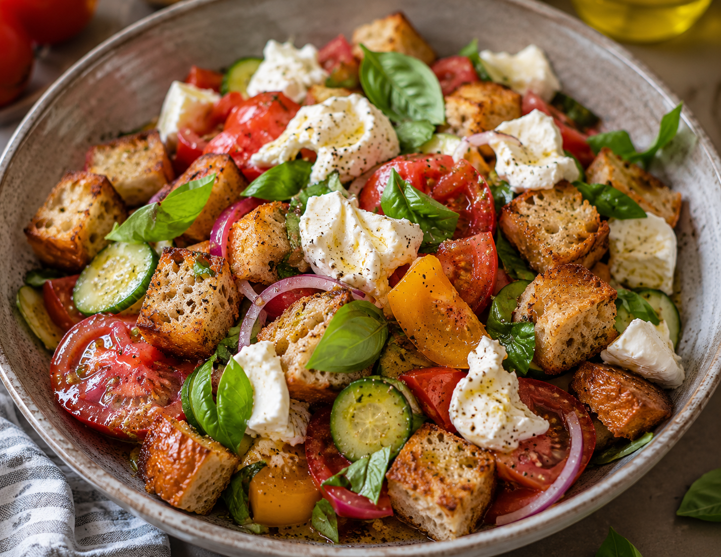 Rustic panzanella salad with fresh ingredients