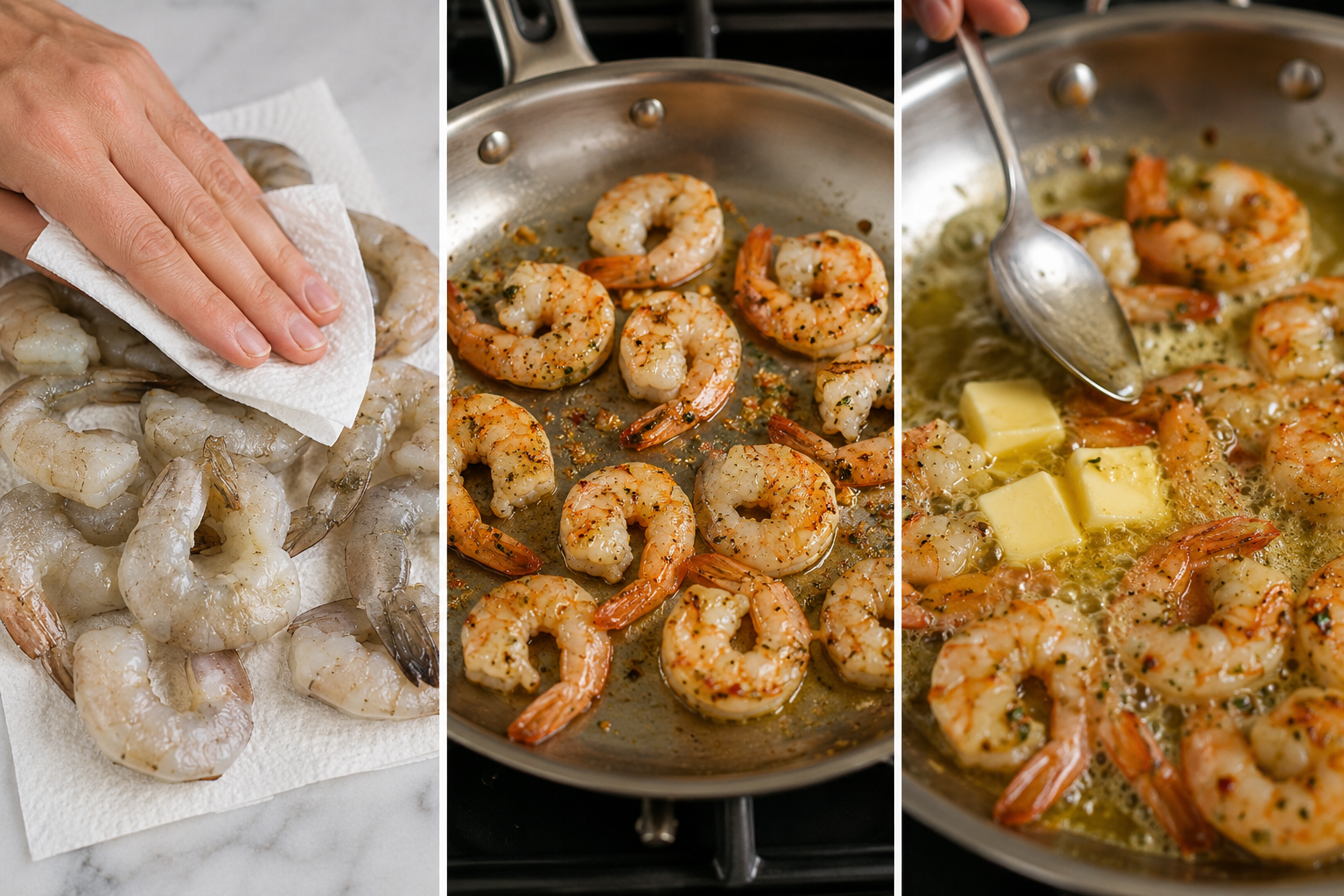 Shrimp cooking process in three stages